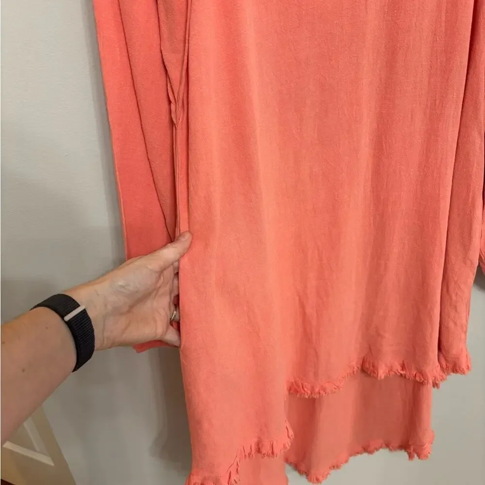 NEW Umgee Linen Cotton Boho Beachy Flowy Fringe Midi Dress in Coral Pink- Size S